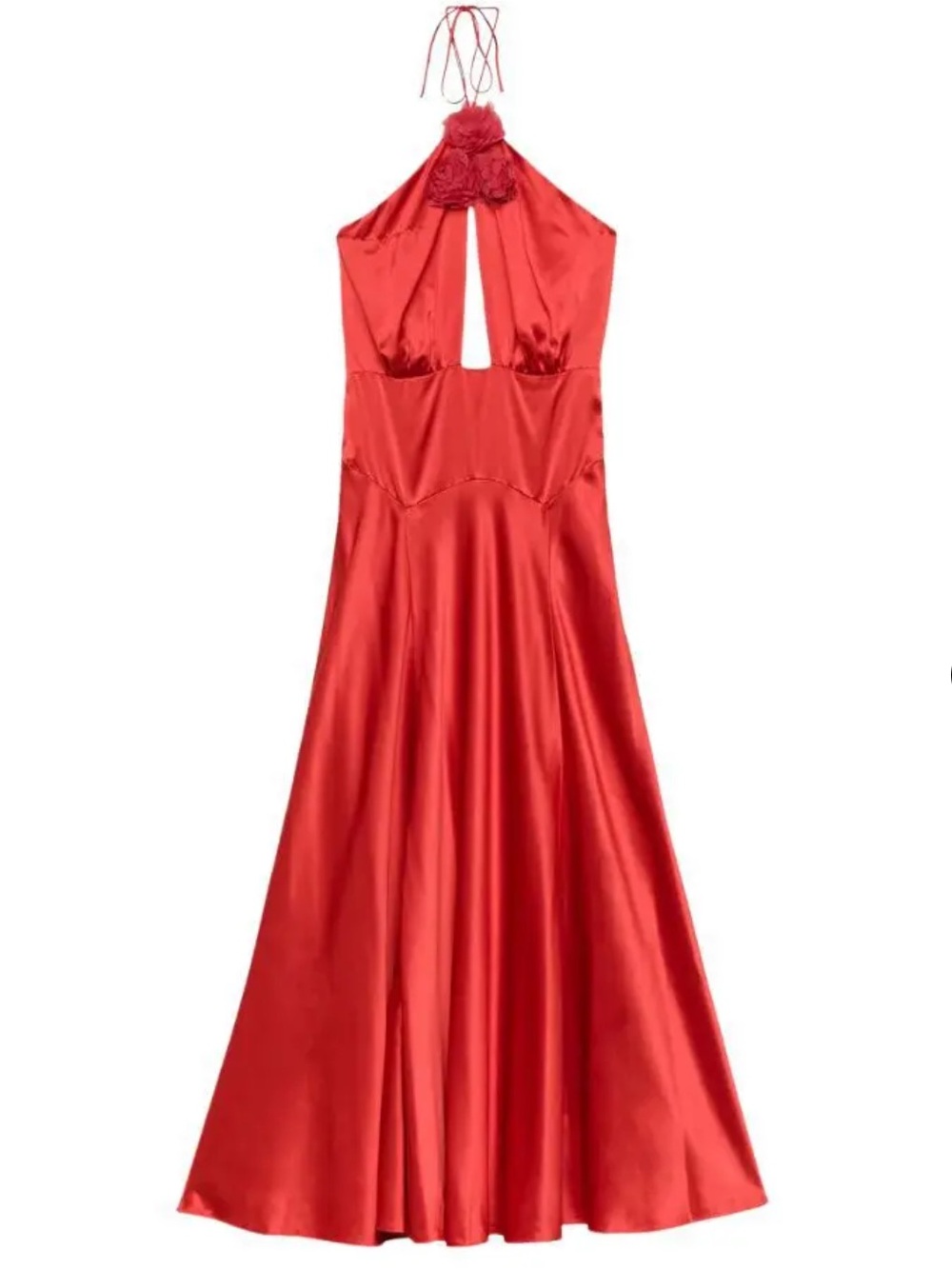 DÔEN NWT Lilaia Silk Rosette Rose Halter Maxi Dress Gown Fiery Coral Red
